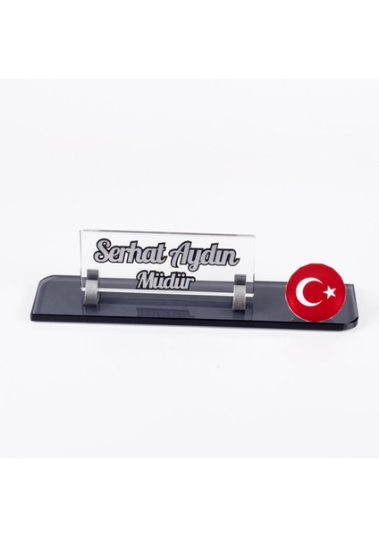 Türk Bayrağı Logolu Gümüş Maydos Masa Isimliği Kristal Ofis Masaüstü Kabartma Isimlik