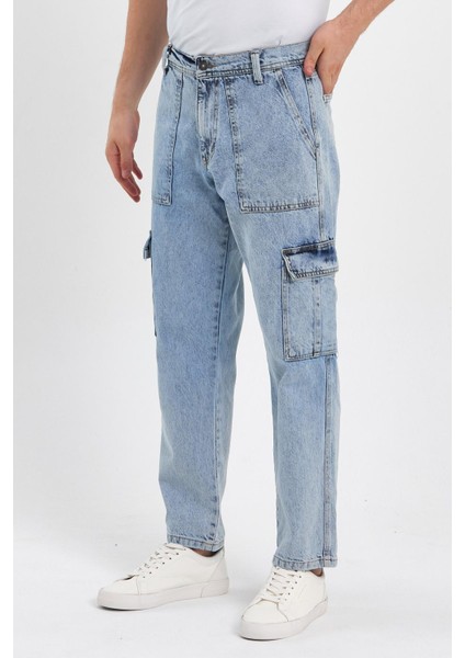 Beli Kemerli Rahat Kalıp Denim Taş Yıkamalı Kot Kargo Cep Pantolon Buz Mavi Buz Mavi fiyatları