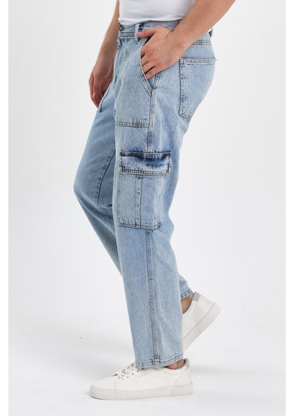 Beli Kemerli Rahat Kalıp Denim Taş Yıkamalı Kot Kargo Cep Pantolon Buz Mavi Buz Mavi modelleri