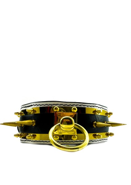 Beyaz-Gold Çivili Savaşçı Özel Tasarım Deri Köpek Boyun Tasması Deri Köpek Tasması