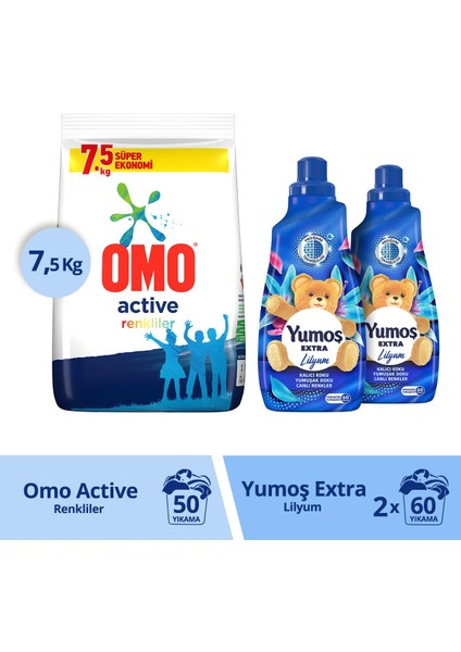 Toz Deterjan 7,5 kg + Yumoş Lilyum Konsantre Çamaşır Yumuşatıcı 1440 ml 60 Yıkama x 2
