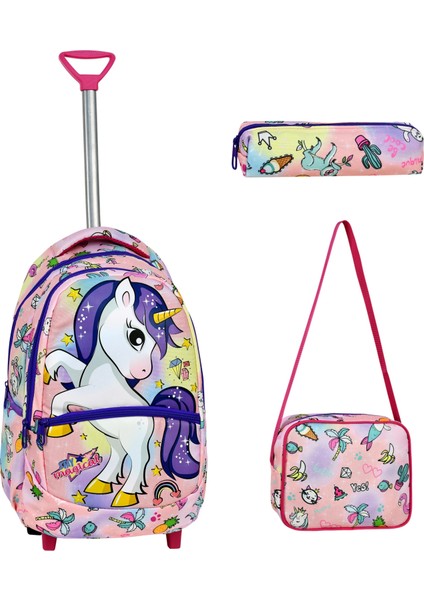 Çekçekli 3'lü Okul Seti, Unicorn Desenli Ilkokul Çantası + Beslenme Çantası + Kalemlik