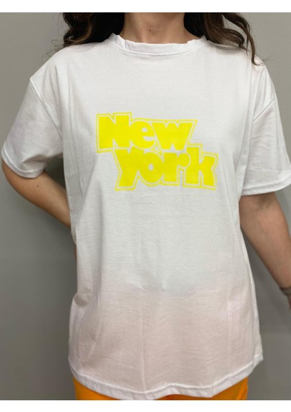 Sarı New York Baskılı Oversize Kısa Kollu Bisiklet Yaka T-Shirt