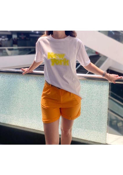 Sarı New York Baskılı Oversize Kısa Kollu Bisiklet Yaka T-Shirt