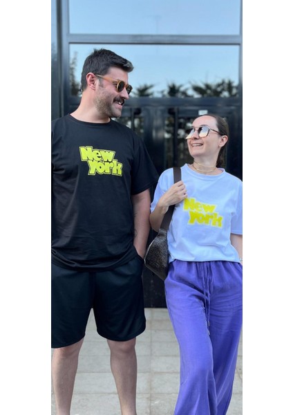 Sarı New York Baskılı Oversize Kısa Kollu Bisiklet Yaka T-Shirt