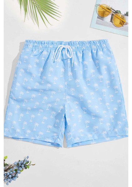 Erkek Basic Standart Boy Şık Palmiye Baskılı Mayo Cepli Deniz Şortu