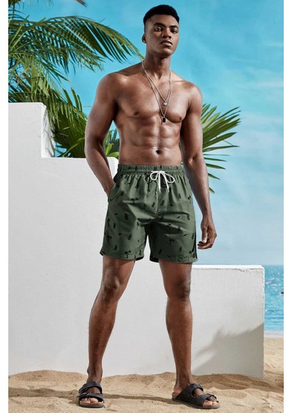 Erkek Basic Standart Boy Ananas ve Palmiye Baskılı Mayo Cepli Deniz Şortu
