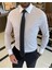 Italyan Stil Slim Fit Çizgili Erkek Kravat Yaka Gömlek Beyaz T9234 1