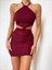 Bordo Halter Yaka Bağlama Detaylı Slim Mini Elbise 1