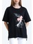 Siyah Kısa Kollu Pamuk Penye Tişört Bluz Rahat Kesim Baskılı Dökümlü Yazlık 5