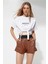 Kadın Beyaz Yazı Baskılı Oversize Vatkalı Bel Detay Örme T-Shirt HZL23S-DSB120231 1