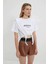 Kadın Beyaz Yazı Baskılı Oversize Vatkalı Bel Detay Örme T-Shirt HZL23S-DSB120231 2
