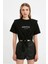 Kadın Siyah Yazı Baskılı Oversize Vatkalı Bel Detay Örme T-Shirt HZL23S-DSB120231 3