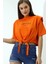 Kadın Oranj Yazı Baskılı Oversize Vatkalı Bel Detay Örme T-Shirt HZL23S-DSB120231 2
