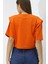 Kadın Oranj Yazı Baskılı Oversize Vatkalı Bel Detay Örme T-Shirt HZL23S-DSB120231 4