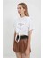 Kadın Beyaz Yazı Baskılı Oversize Vatkalı Bel Detay Örme T-Shirt HZL23S-DSB120231 3