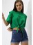 Kadın Yeşil Yazı Baskılı Oversize Vatkalı Bel Detay Örme T-Shirt HZL23S-DSB120231 2