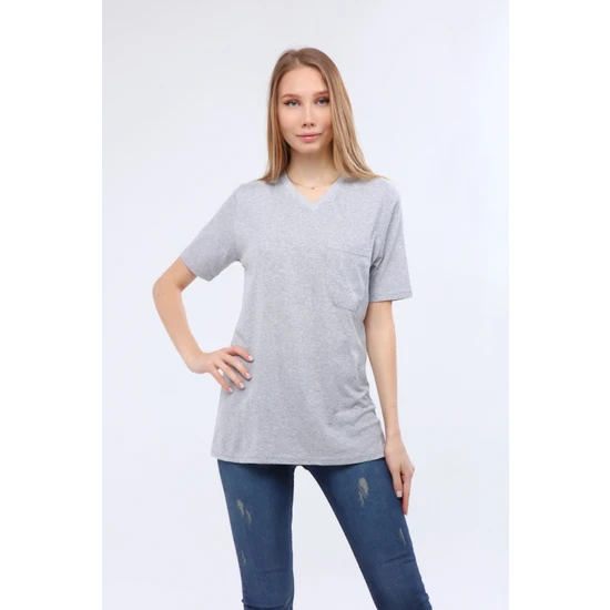 Çamdalı Iş Elbiseleri V Yaka Gri Kısa Kollu Süprem Iş Tişörtü - V Yaka T-Shirt