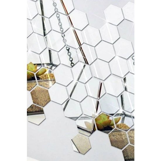 Modaba Bal Peteği Dekoratif Altıgen 12 Li Süs Akrilik Ayna Antre Duvar Pleksi Yapışkanlı