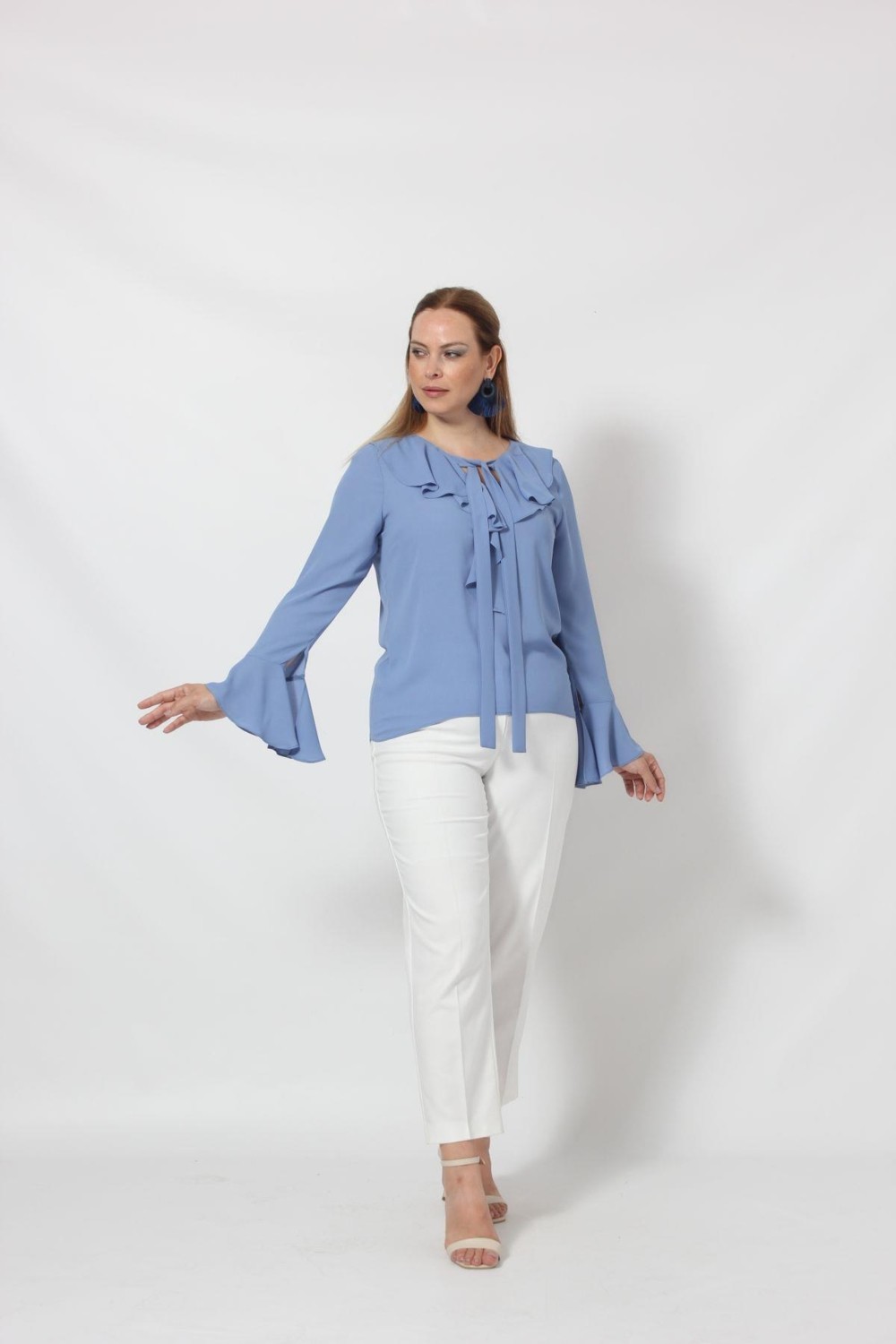 Moda Berray 3241-5I Indigo Ispanyol Kol Boyun Bağlama Detaylı Bluz