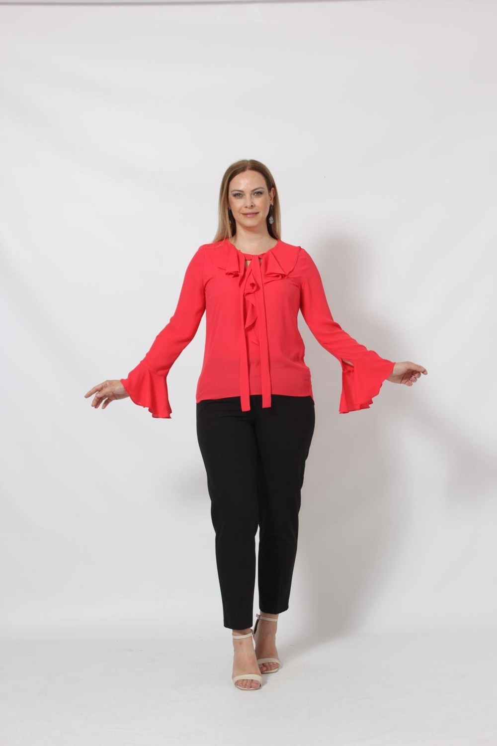 Moda Berray 3241-5 Mercan Ispanyol Kol Boyun Bağlama Detaylı Bluz