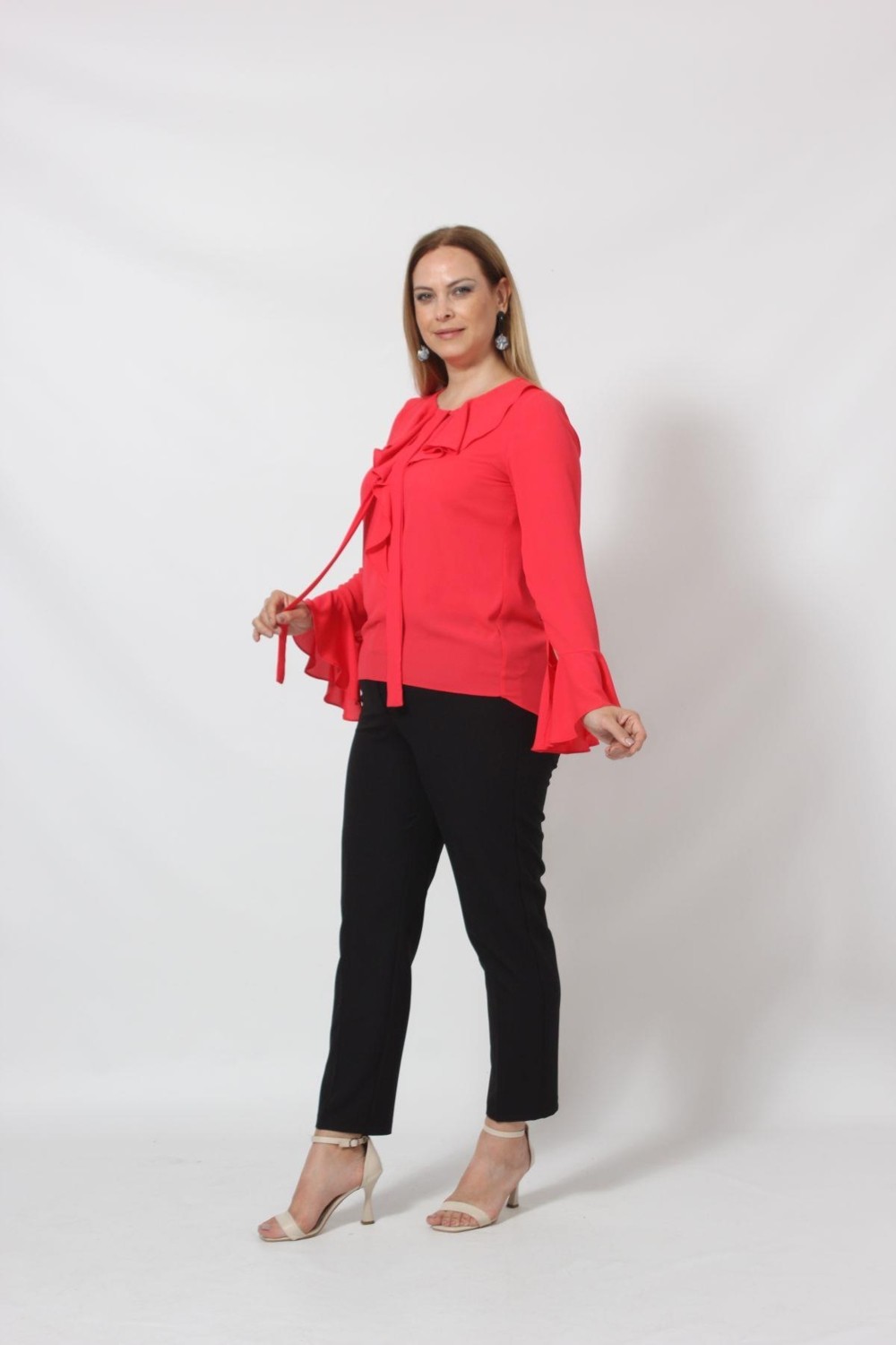 Moda Berray 3241-5 Mercan Ispanyol Kol Boyun Bağlama Detaylı Bluz görsel 2