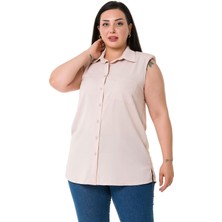 Disentis Modest Büyük Beden Tek Cepli Vatkalı Kolsuz Pudra Gömlek