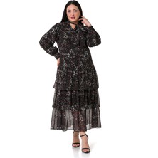 Disentis Modest Büyük Beden Eteği Kat Kat Siyah Zemin Üzerine Kırmızı Çiçekli Astarlı Şifon Elbise