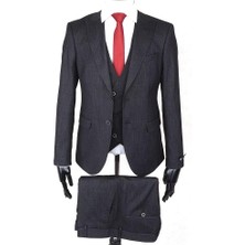Jan Carlucci Slim Fit Sivri Yaka Çift Yırtmaç Siyah Drop 6 Yelekli Takım Elbise