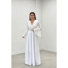 giyimmasalı Krep Kumaş Kolları Volan Detaylı Maxiboy Abiye Elbise - Beyaz