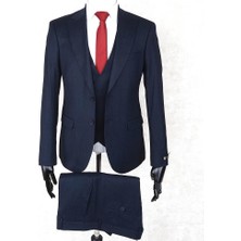 Jan Carlucci Slim Fit Sivri Yaka Çift Yırtmaç Lacivert Drop 6 Yelekli Takım Elbise
