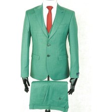 Jan Carlucci Slim Fit Sivri Yaka Çift Yırtmaç Fıstık Yeşili Drop 6 Yelekli Takım Elbise