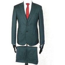 Jan Carlucci Slim Fit Sivri Yaka Çift Yırtmaç Koyu Yeşil  Drop 6 Yelekli Takım Elbise