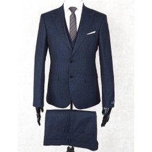 Jan Carlucci Slim Fit Sivri Yaka-Çift Yırtmaç Lacivert Drop 6 Yelekli Takım Elbise