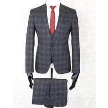 Jan Carlucci Slim Fit Sivri Yaka-Tek Yırtmaç Antrasit Kareli  Drop 6 Yelekli Takım Elbise