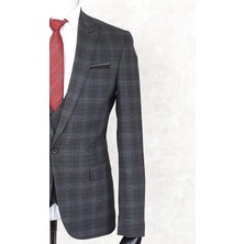 Jan Carlucci Slim Fit Sivri Yaka-Tek Yırtmaç Antrasit Kareli  Drop 6 Yelekli Takım Elbise