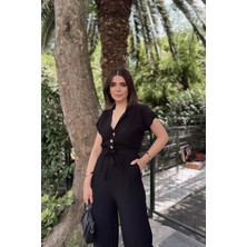 New Laviva Siyah Kısa Kol, Keten/airobin Kumaş, Rahat Kesim, Cepli, Yarım Patlı, Kemerli/kuşaklı Tulum