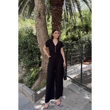New Laviva Siyah Kısa Kol, Keten/airobin Kumaş, Rahat Kesim, Cepli, Yarım Patlı, Kemerli/kuşaklı Tulum