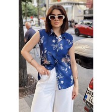 New Laviva Lacivert Klasik Yaka, Sıfır Kol, Digital Baskılı Kumaş, Regular Kalıp/kesim, Eteği Oval Gömlek