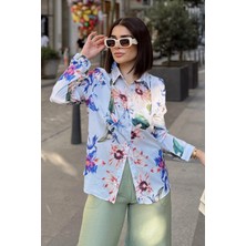 New Laviva Mavi Klasik Yaka, Uzun Kol, Digital Baskılı Kumaş, Regular Kalıp/kesim, Eteği Oval Gömlek