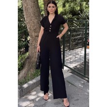 New Laviva Siyah Kısa Kol, Keten/airobin Kumaş, Rahat Kesim, Cepli, Yarım Patlı, Kemerli/kuşaklı Tulum