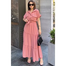 New Laviva Gül Kurusu Kısa Kol, Airobin Kumaş, Yarım Patlı, Kuşaklı, Eteği Pliseli, Cepli Maxi Uzun Elbise