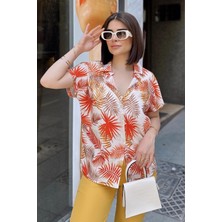 New Laviva Turuncu Klasik Yaka, Kısa Kol, Digital Baskılı Kumaş, Regular Kalıp/kesim, Gömlek