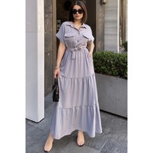 New Laviva Gri Kısa Kol, Airobin Kumaş, Yarım Patlı, Kemerli/kuşaklı, Eteği Pliseli, Cepli Maxi Uzun Elbise