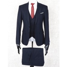 Jan Carlucci Slim Fit Sivri Yaka-Çift Yırtmaç Lacivert Drop 6 Yelekli Takım Elbise