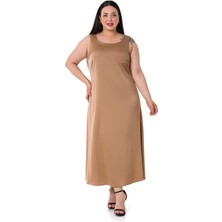 Disentis Modest Büyük Beden U Yaka Saten Vizon Uzun Elbise