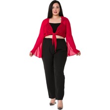 Disentis Modest Büyük Beden Ispanyol Kollu Önü Bağlamalı Şifon Kırmızı Bolero