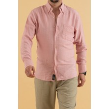 Reynard Slim Fit Erkek Gömlek Pudra Renk Uzun Kol Günlük Stil Viskon Keten