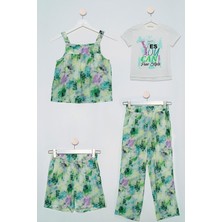 For You Kids 4'lü Batik Bluz Tshirt Pantolon Şort Yeşil Takım