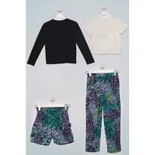 For You Kids 4'lü Batik Tshirt Pantolon Şort Siyah Takım
